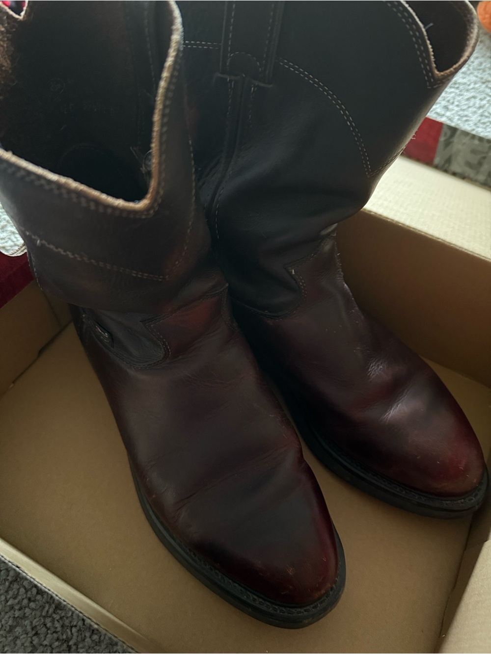 Sz 9 1/2 Men’s Justin Boots Dark Brown Leather Pull-On Western Work Boots - Picture 2 of 5